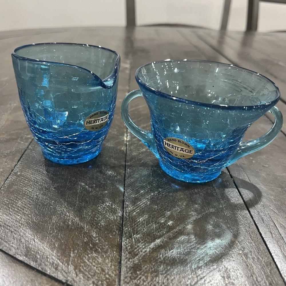 Vtg WV Heritage Blue‎ Crackle Handblown Glass Sugar and Creamer Set. 3.25"